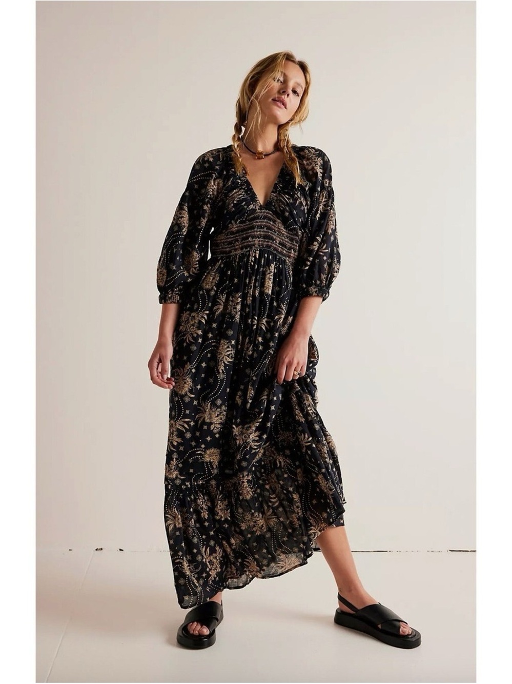 Free People Boho Golden Hour Maxi Dress Black Combo Small NWT - Picture 2 of 15